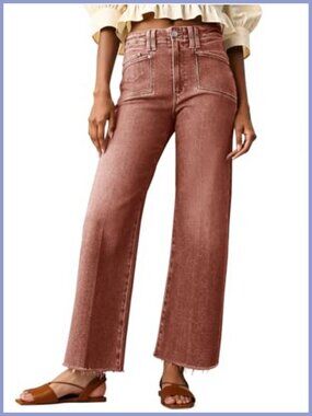 High Waisted Cropped Straight Leg Raw Hem Denim Jeans